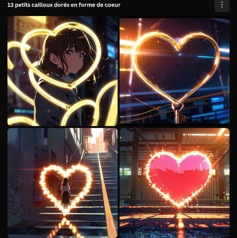 4 dessins générés par IA représentant des cœurs lumineux avec décors en arrière-plan.